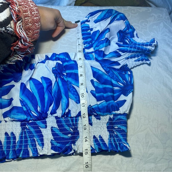New Nordstrom Square Neck Puff Sleeve Crop Top Hawaiian Island Tropical Blouse - Picture 2 of 10